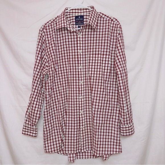 Stafford Red White Plaid Long Sleeve Easy Care Travel Button Down Dress Shirt - Picture 1 of 6